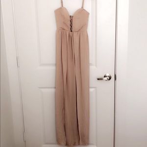 Convertible strap blush maxi dress with high slits